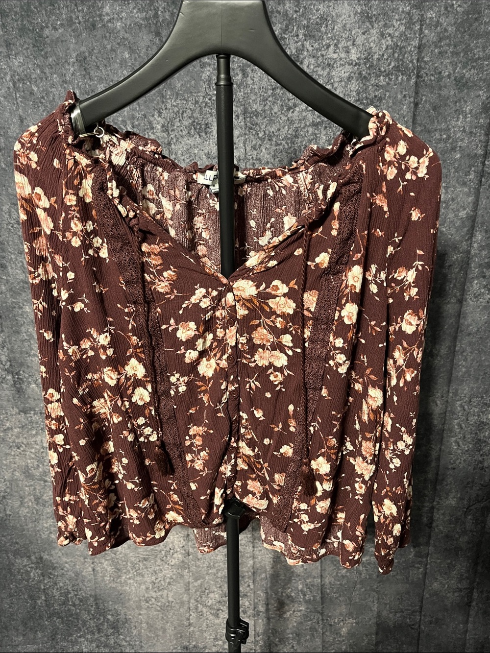 Wallflower Brown Floral Peasant Blouse with Cream & Pink Blooms
